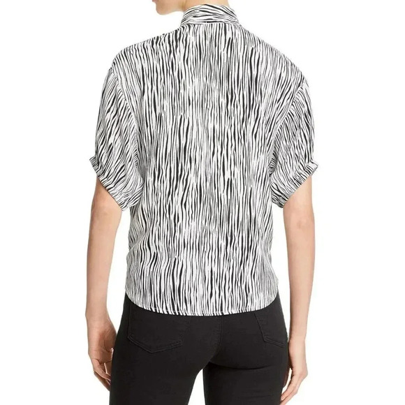 Three Dots Zebra Print Tie Front Button Down Blouse Black White High Low Hem L - Picture 3 of 15